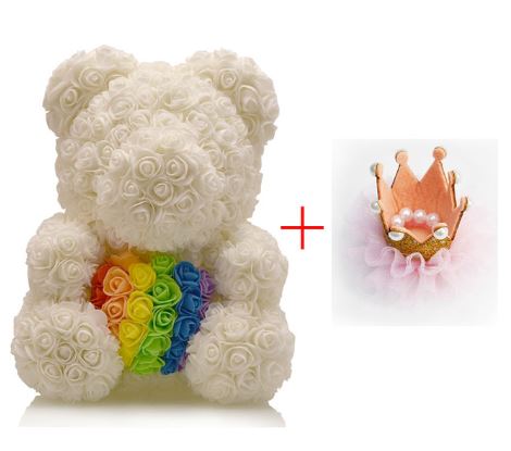 White Teddy Rose with crown and rainbow heart